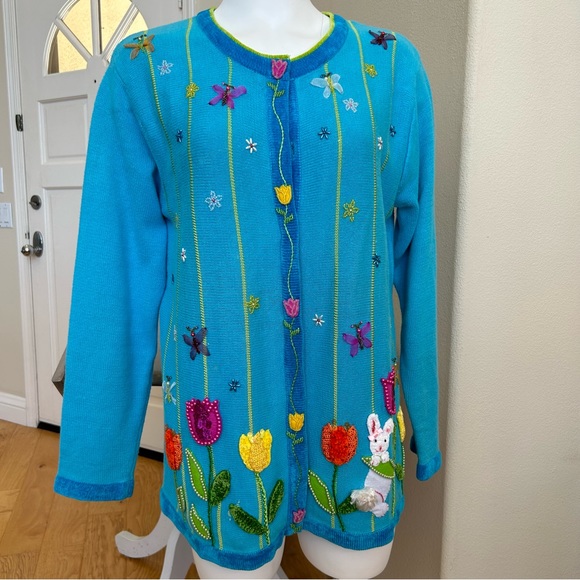 Vintage Easter Sweater by Quacker Factory Medium Aqua Blue Y2K